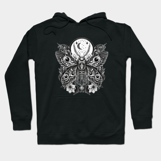 A Luna Butterfly, surrounded by a flower border and a moonphase - a gorgeous unisex witchy graphic Hoodie by ISFdraw